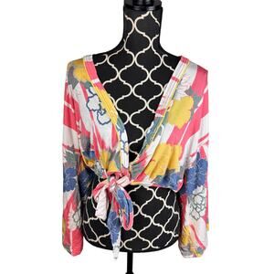 Free People Multicolor Floral Boho V-neck Bell Sleeve Top Womens Sz S